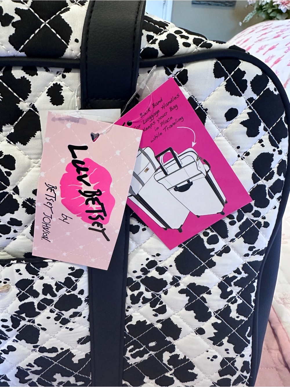 Betsey Johnson Black & White Cow Print Quilted Travel Tote